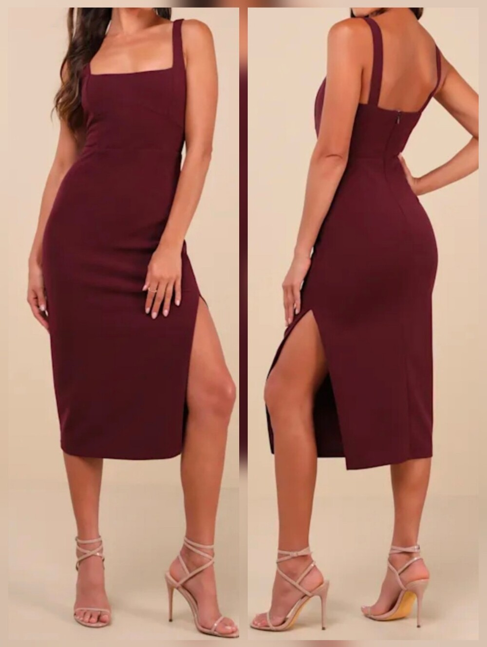 Lulus Vibrant Allure Plum Square Neck Sleeveless Bodycon Midi Dress, Size Small